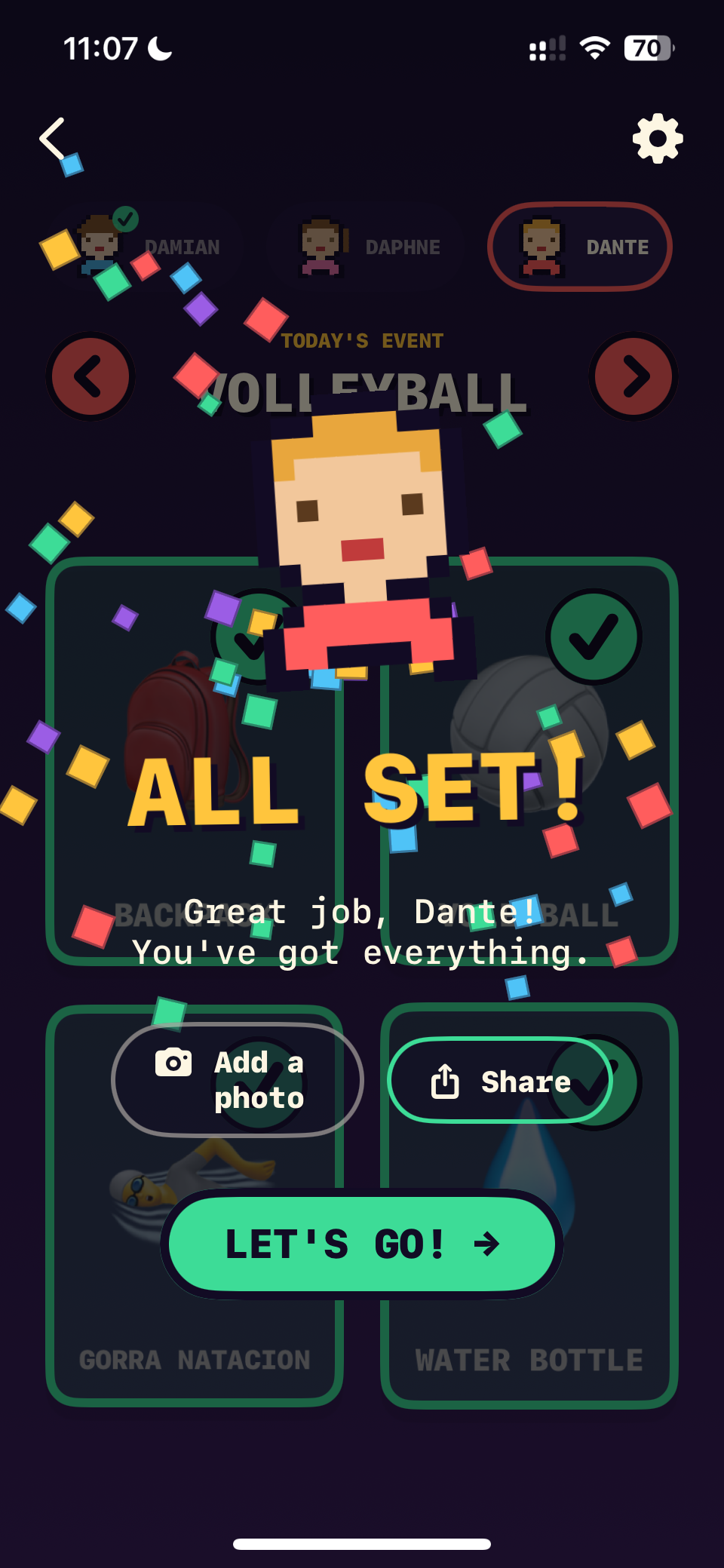 The all-set celebration screen with confetti and stars earned.