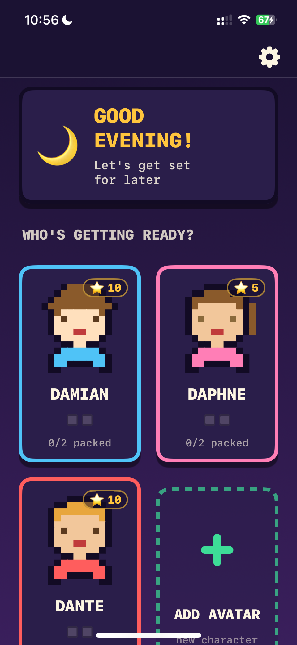 The home screen showing a row of pixel character cards.