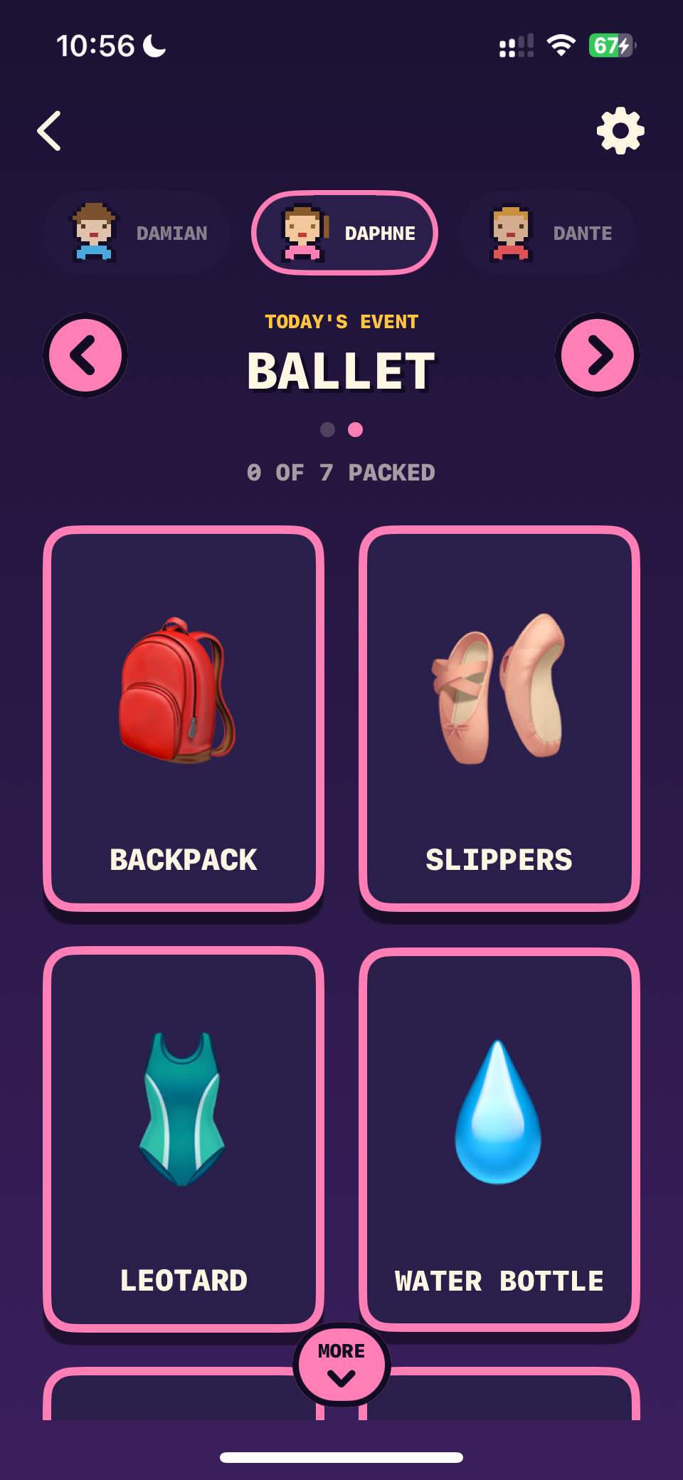 The packing screen showing a character's bag with backpack, water bottle, lunch and homework to tap.