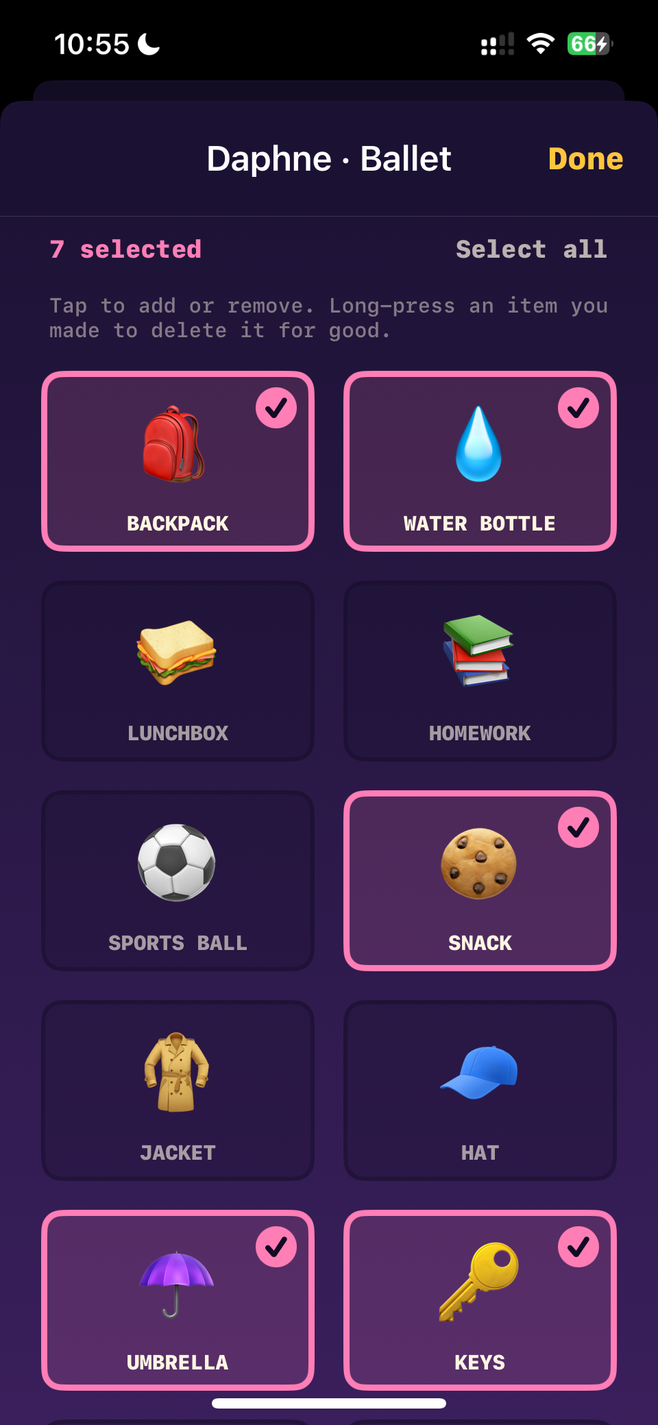 The item picker for Daphne's ballet routine, showing the library of things to bring with several selected.