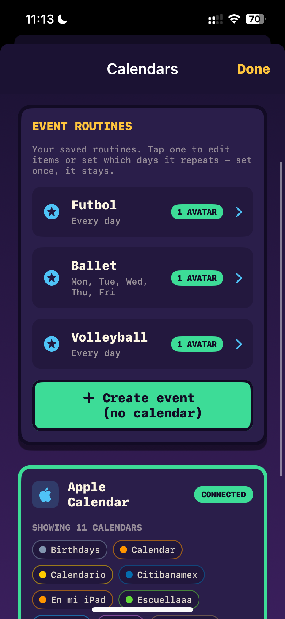 The calendar screen showing connected calendars and upcoming events.