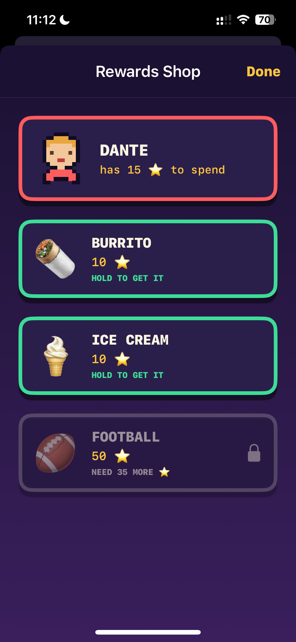 The rewards shop showing prizes priced in stars.